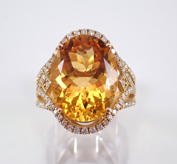 Large Oval Citrine and Diamond Ring - Genuine Halo Engagement Setting - 14K Yellow Gold November Gemstone Jewelry Gift