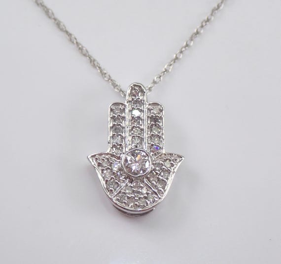 Diamond HAMSA Pendant and Chain, White Gold Hand of God Necklace, Judaica Fine Jewelry Gift