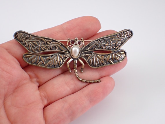 Vintage Sterling Silver Dragonfly Brooch, Pearl and Garnet Gemstone Fine Jewelry - 80s Estate Gift for Her