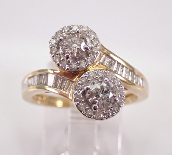 Yellow Gold Diamond Bypass Ring - Baguette Crossover Halo Band - Unique Bridal Fine Jewelry Gift