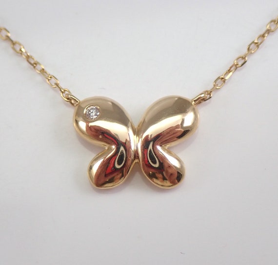 Diamond Butterfly Pendant - 14K Yellow Gold Station Necklace - Unique Floating Simple Choker Chain
