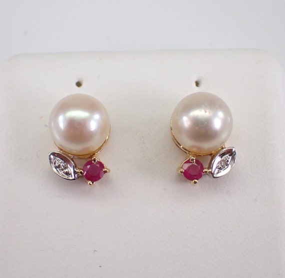 Pearl and Ruby Stud Earrings - 14K Yellow Gold Diamond Studs - June July Birthday Gemstone Jewelry