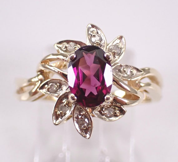 Vintage Garnet and Diamond Flower Ring - Estate Yellow Gold January Birthstone Gift - Dainty Engagement Promise