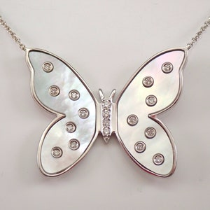 18K White Gold Diamond Butterfly Necklace - Mother of Pearl Station Charm Pendant - 18 inch Adjustable Choker Chain