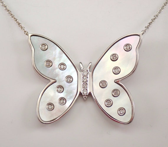 Mother of Pearl and Diamond Butterfly Necklace - 18K White Gold Station Pendant - 18 inch Adjustable Choker Chain