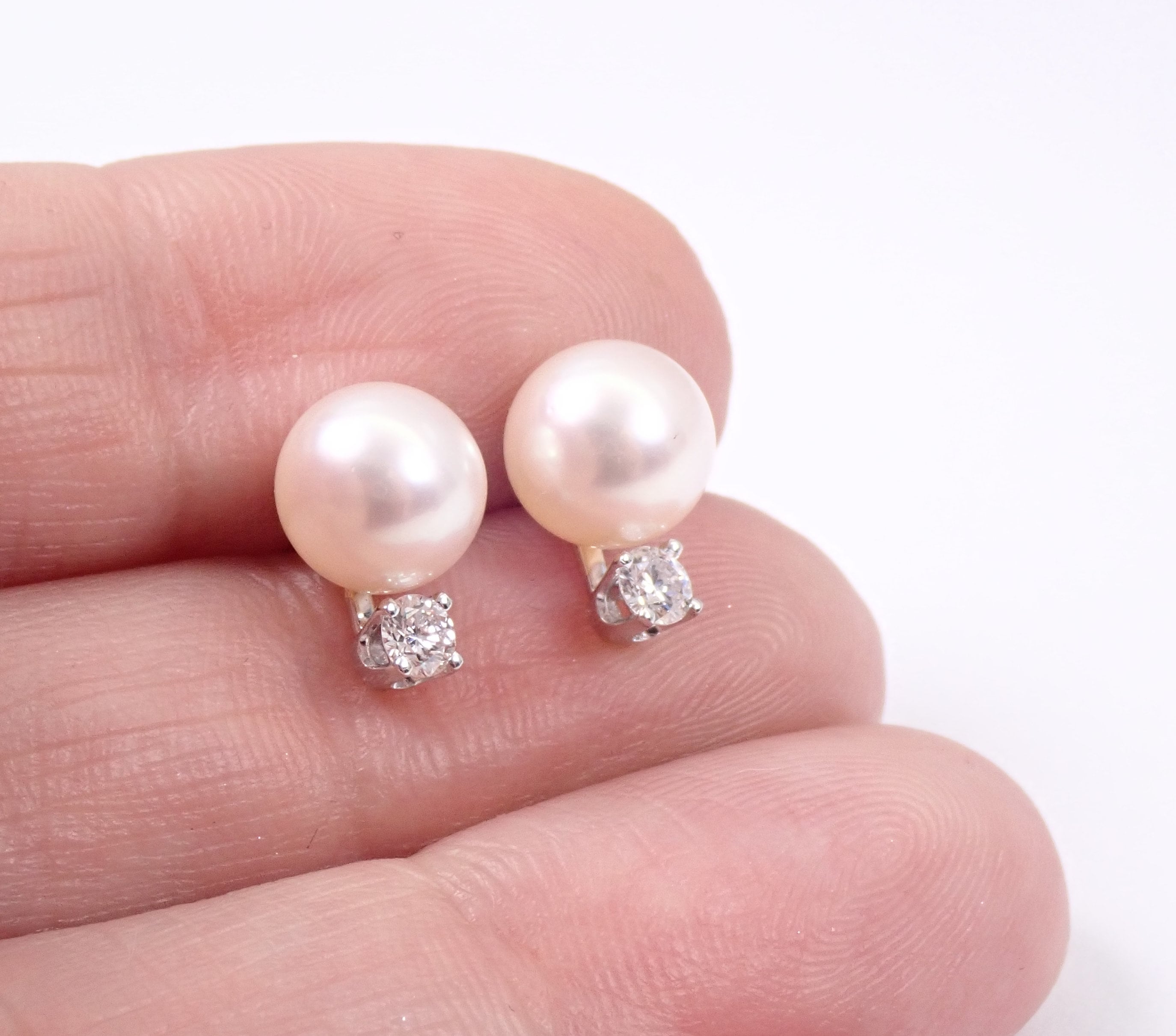 Pearl and Diamond Studs, Pearl Stud Earrings, 14K Yellow Gold Diamond ...