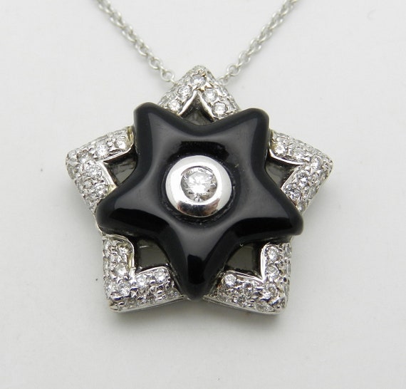 Onyx Star Pendant Necklace, Solid White Gold Diamond 5 Point Star Charm 18" Chain