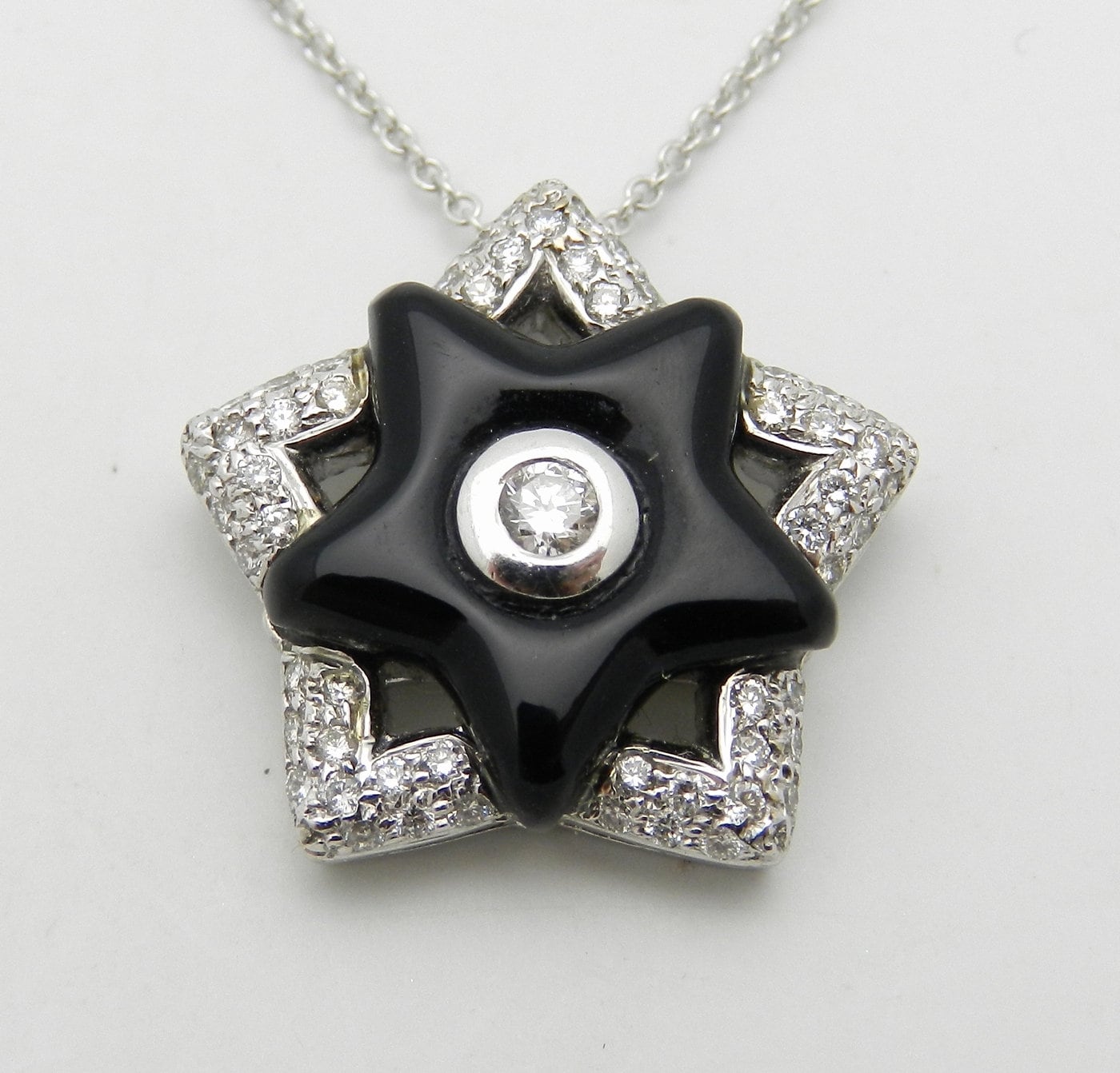 Onyx Star Pendant Necklace, Solid White Gold Diamond 5 Point