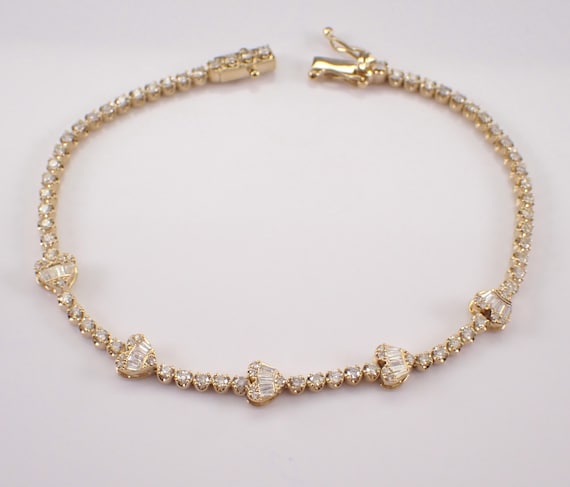 14K Yellow Gold Diamond Heart Tennis Bracelet: Unique Cluster Statement Layering Link