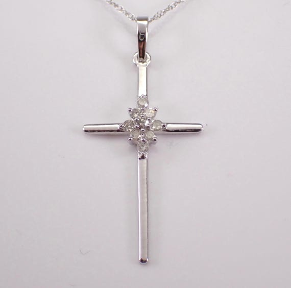 Diamond Cross Pendant and Chain - White Gold Religious Charm Necklace - Dainty Slim Christian Jewelry Gift