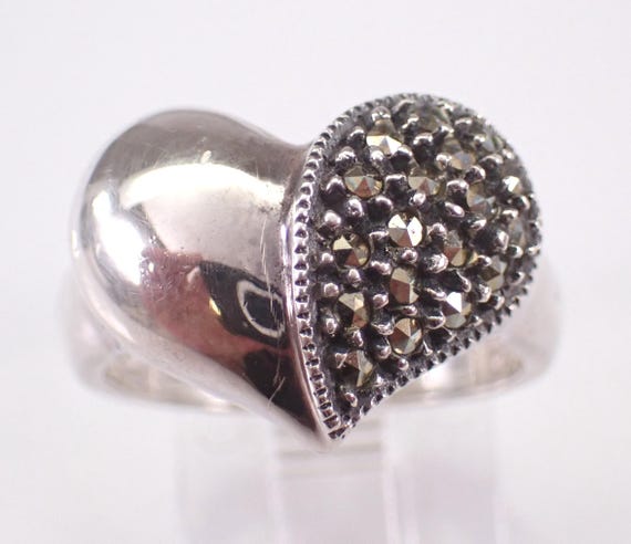 Sterling Silver Marcasite Heart Ring: Estate Vintage Cocktail Cluster Band