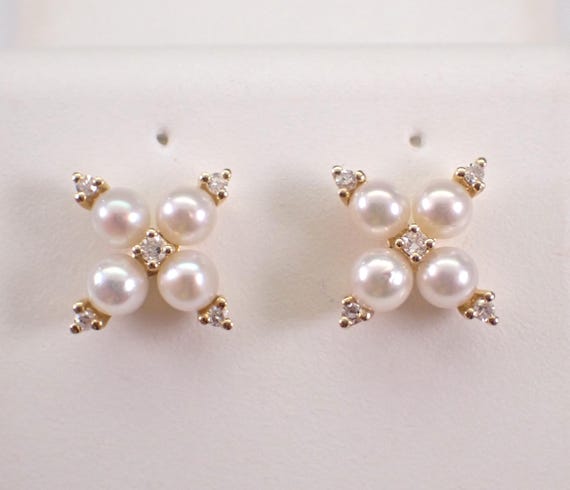 14K Yellow Gold Pearl Stud Earrings - Dainty Diamond Cluster - June Birthday Snowflake Studs