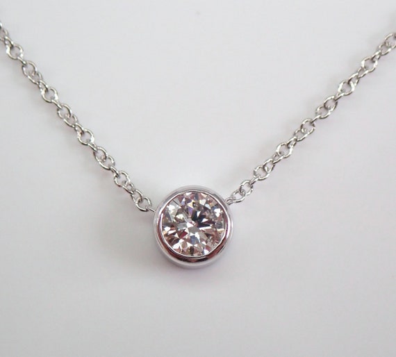 Genuine Round Diamond Solitaire Pendant - Bezel Set Brilliant Choker Necklace and Chain - Solid 14K White Gold