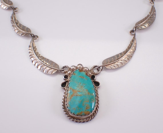 Vintage Sterling Silver Turquoise Necklace -  Large Station Charm Pendant - Estate Feather Braided Paperclip Chain