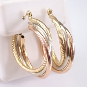 Vintage 14K Gold Hoop Earrings - Multi Color Twisted Braided Hoops - Estate Tri Color Unique Jewelry Gift for Her