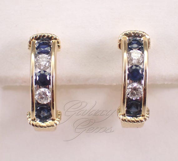 Yellow Gold Diamond and Sapphire Hoop Earrings: Small September Gemstone Huggies