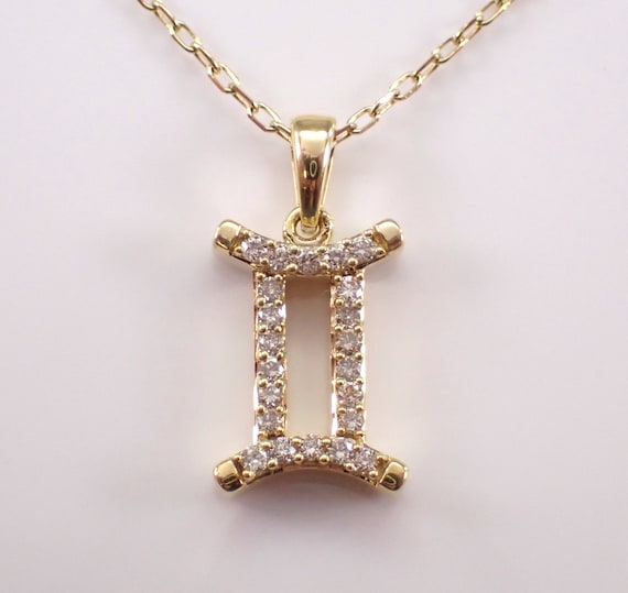 Yellow Gold Diamond Gemini Sign Necklace - Zodiac Astrology Station Charm Pendant and Chain - Unique Dainty Jewelry Gift