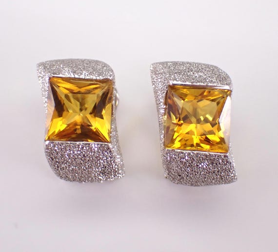 18K White Gold Citrine Earrings - Vintage Estate Square Gemstone Jewelry Gift - Omega Clip Secure Clasps