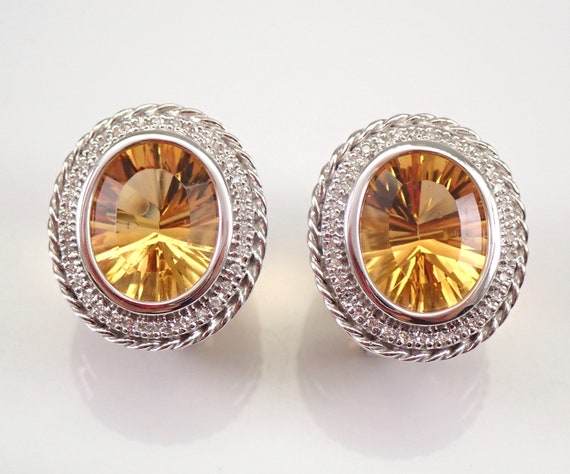 14K White Gold Citrine Earrings - Diamond Halo Large Oval Setting - November Birthstone Omega Clasp Jewelry