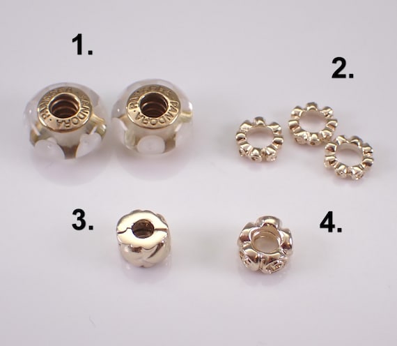 Vintage 14K Yellow Gold PANDORA Charm - Authentic Stackable Bracelet Slides - Heart Roses Murano Glass Spacer Clip