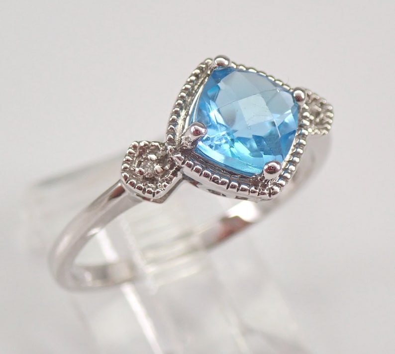 White Gold Diamond and Cushion Cut Blue Topaz Engagement Ring Size 7 December Birthstone FREE Sizing