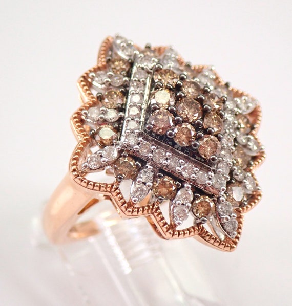 Rose Gold Chocolate Diamond Cluster Ring - Colored Brown Diamond Right Hand Ring - Unique Vintage Style Fine Jewelry Gift