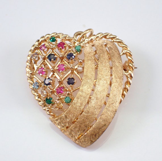 60s Vintage 14K White Gold Heart Brooch - Multi Color Genuine Gemstone Pendant - Ruby Sapphire Emerald Jade Aquamarine Citrine Stones