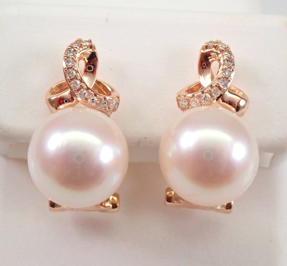 South Sea Pearl and Diamond Earrings, 14K Rose Gold Omega Clasp, June Birthstone Gift for Women