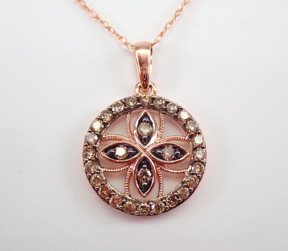 Brown Diamond Pendant and Chain - Rose Gold Cluster Choker Necklace - Champagne Cognac Chocolate Color