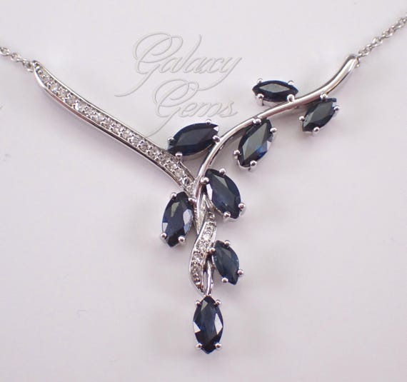 White Gold Sapphire and Diamond Necklace: Dressy Gemstone Station Pendant and Chain