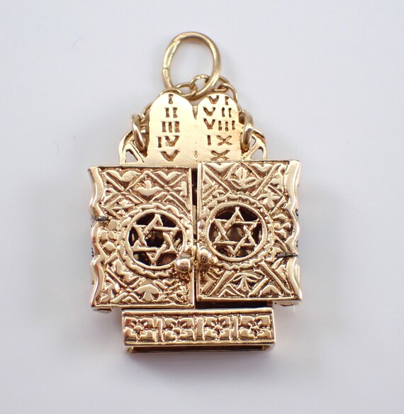 Vintage 14K Yellow Gold Star of David Locket Charm Pendant - Ten Commandments and Torah Judaica Jewelry for Necklace or Bracelet