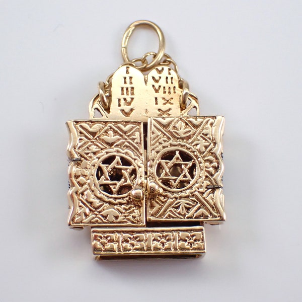 Vintage 14K Yellow Gold Star of David Locket Charm Pendant - Ten Commandments and Torah Judaica Jewelry for Necklace or Bracelet