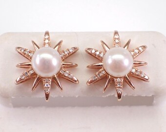 Pearl and Diamond Stud Earrings, Rose Gold Starburst June Birthday Wedding Studs