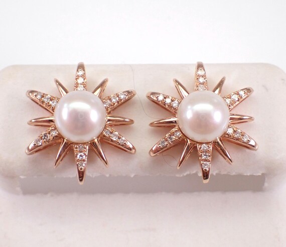 Pearl and Diamond Stud Earrings, Rose Gold Starburst June Birthday Wedding Studs