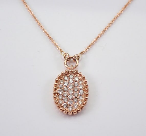 Solid 14K Rose Gold Diamond Necklace, Oval Pave Cluster Choker Pendant 17" Chain, Layering Beaded Necklace