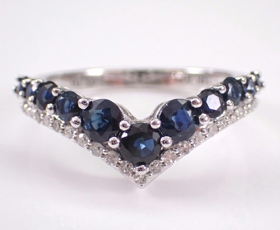 14K White Gold Sapphire Chevron Wedding Ring - Stackable Bridal Anniversary Band - Diamond Fine Jewelry Gift