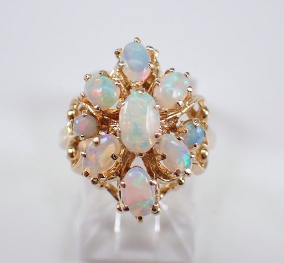 Vintage Opal Cluster Ring - Estate 14K Yellow Gold Opal Fine Jewelry - October Birthstone Gemstone Gift