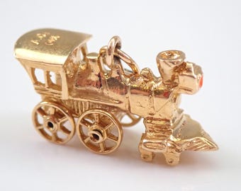 Vintage 14K Yellow Gold Train Charm, Unique Railcar Tram Engine Pendant, Estate Jewelry Gift for Necklace or Bracelet