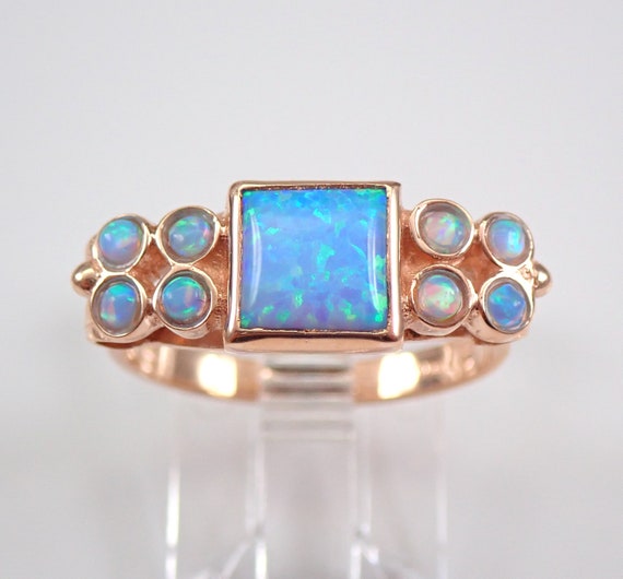 Antique 14K Rose Gold Opal Ring, Genuine Square October Gemstone Jewelry - 50s Vintage Bezel Setting