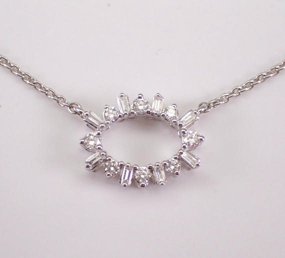 14K White Gold Diamond Necklace - Circle of Life Pendant and Chain - Unique Baguette Station Charm Drop