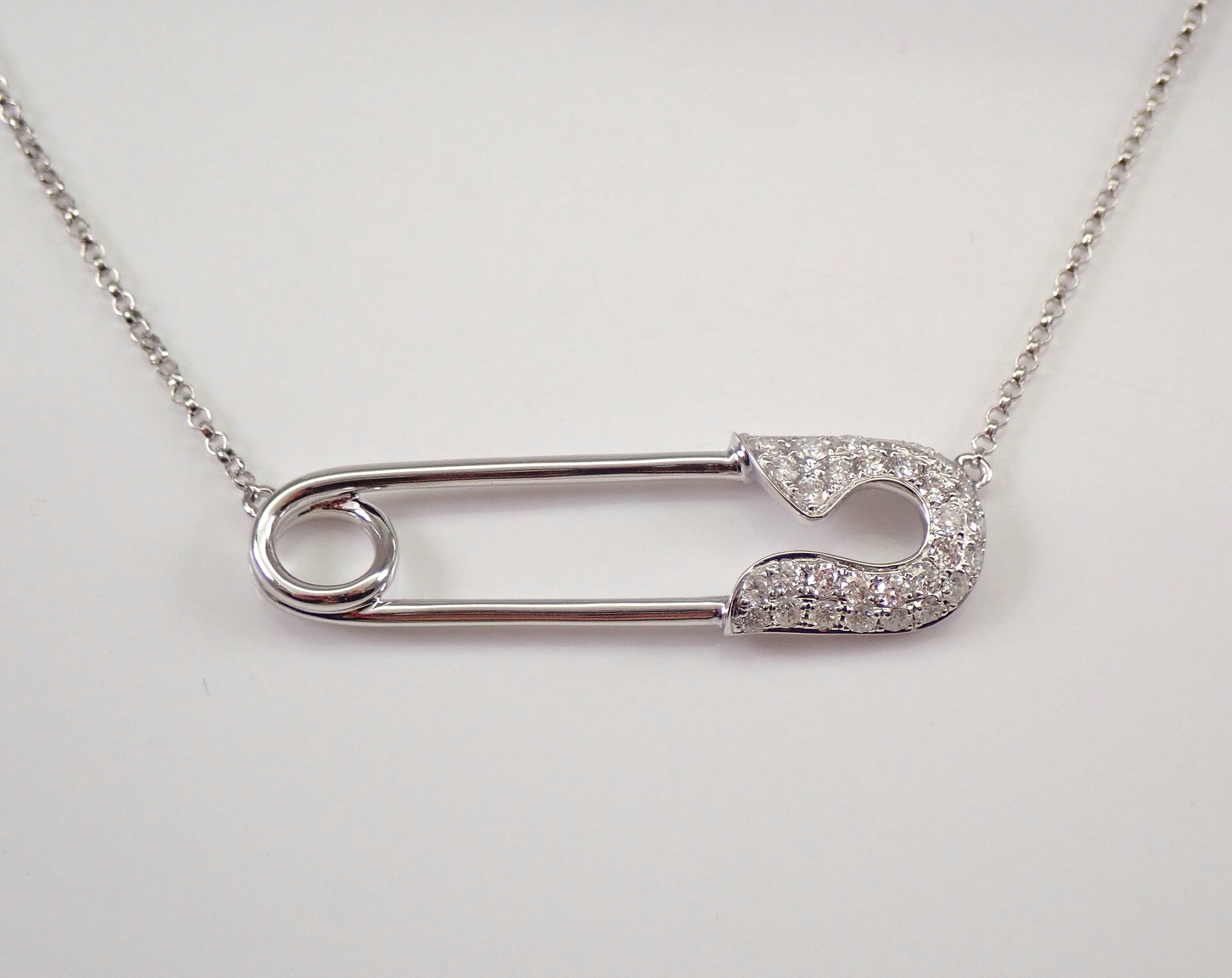 18K White Gold Diamond SAFETY PIN Necklace Diamonds by the Etsy