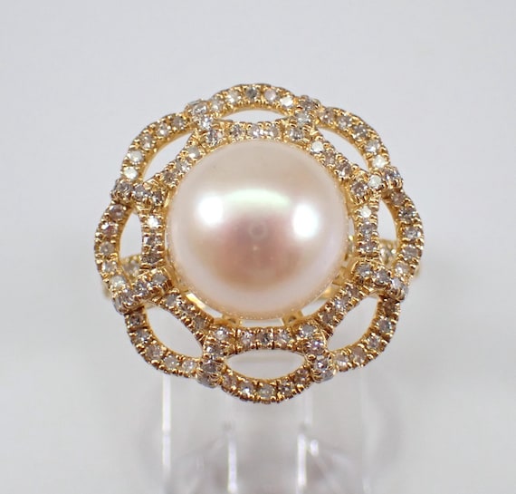 Pearl and Diamond Flower Ring - 14K Yellow Gold June Birthstone Jewelry Gift - Unique Alternative Gemstone Bridal
