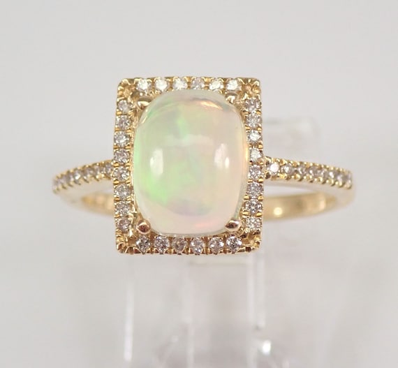 14K Yellow Gold Opal Ring Diamond Halo Engagement Ring Size 7 October Gemstone FREE Sizing