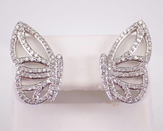 14K White Gold Diamond Butterfly Earrings - Unique Butter Fly Wings Studs - GalaxyGems Fine Jewelry Gift