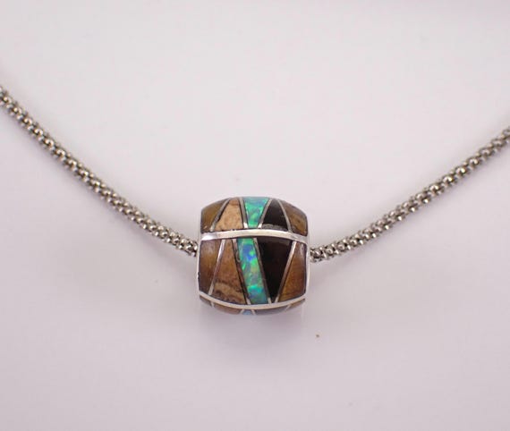 Vintage Sterling Silver Inlay Necklace, Rondelle Mosaic Charm Pendant and Chain, Opal Tiger Eye and Onyx Jewelry