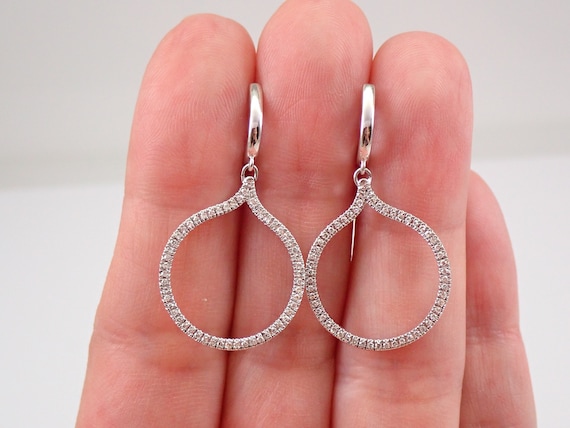 White Gold Diamond Dangle Earrings, Modern Circle Drop Fine Jewelry Present, Secure Clasp Perfect Gift