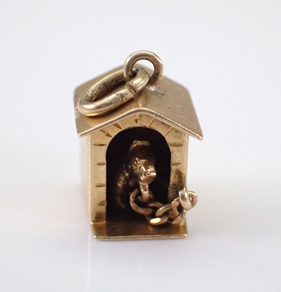 Vintage 14K Yellow Gold Dog House Charm, Puppy Doghouse Kennel Pendant, Adorable Little Gift for Bracelet or Necklace