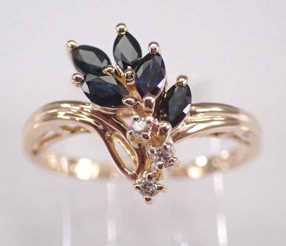 14K Yellow Gold Diamond and Sapphire Ring, 90s Vintage Bypass Cluster Band, September Birthstone Fine Jewelry Gift