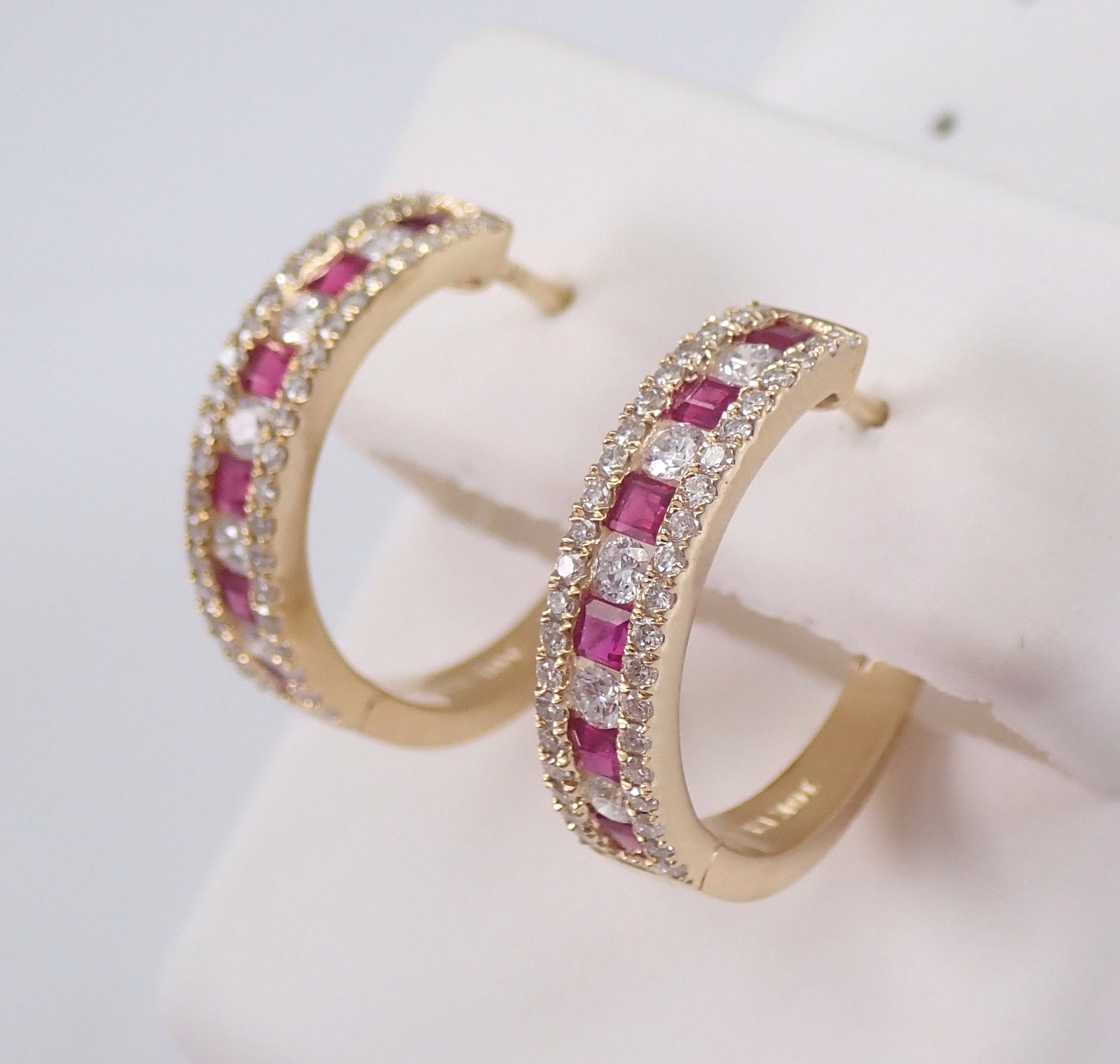 Diamond and Ruby Hoop Earrings Hoops Yellow Gold July Birthstone Graduation