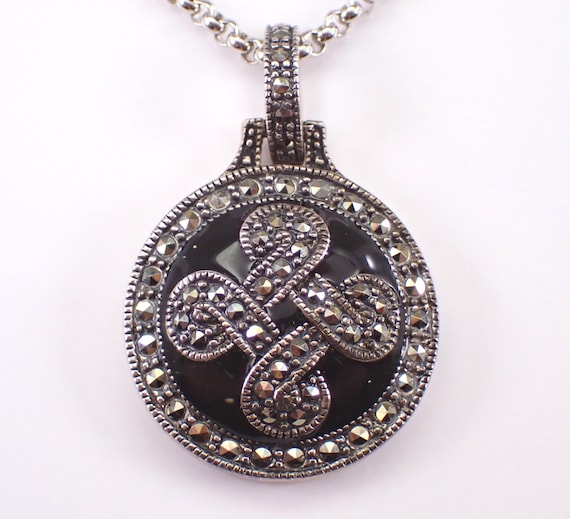 Sterling Silver Onyx and Marcasite Pendant and Chain: Vintage Estate Celtic Knot Charm Necklace